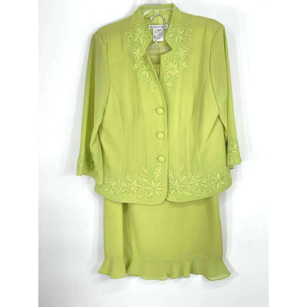NWOT Plaza South Womens Skirt Suit 12 2pc Lime Green Floral Embroidered